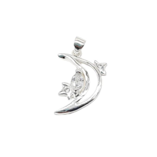 Cubic Zirconia Set Moon And Stars Silver Pendant