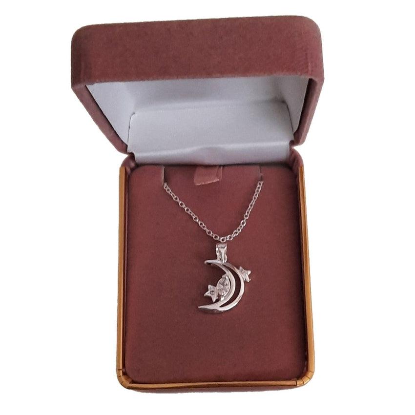 Cubic Zirconia Set Moon And Stars Silver Pendant