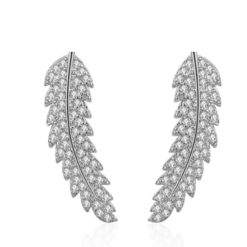 Cubic Zirconia Silver Stem Leaf Earrings