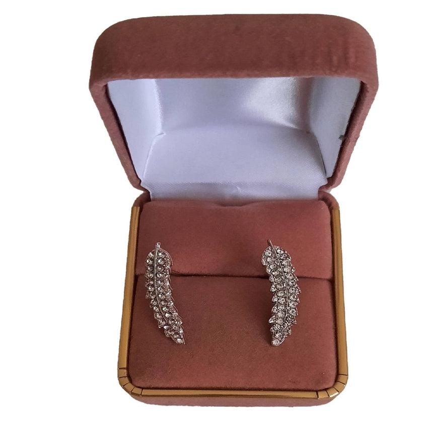 Cubic Zirconia Silver Stem Leaf Earrings