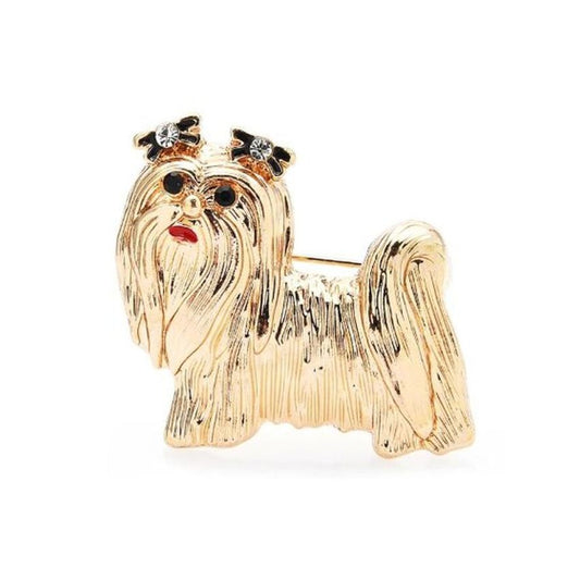 Cute Yorkie Dog Gold Brooch