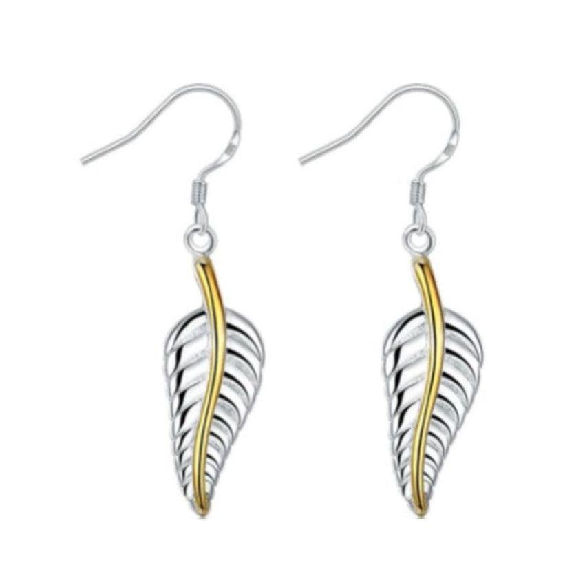 Dangly Hooks Leaf Design Silver Earring With a Gold Tone Stem