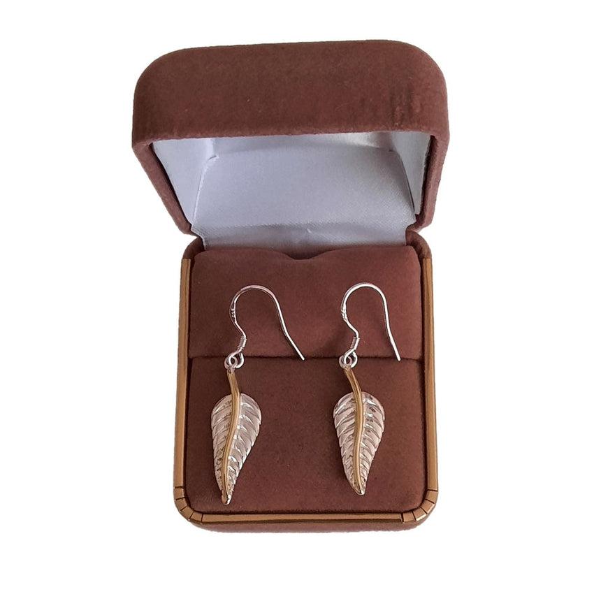 Dangly Hooks Leaf Design Silver Earring With a Gold Tone Stem