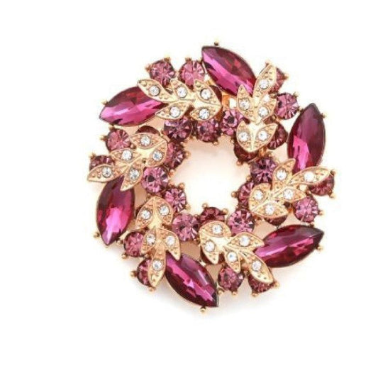 Dark Burgundy Purple Brooch With Gold Diamante Leaves