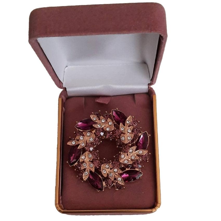 Dark Burgundy Purple Brooch With Gold Diamante Leaves