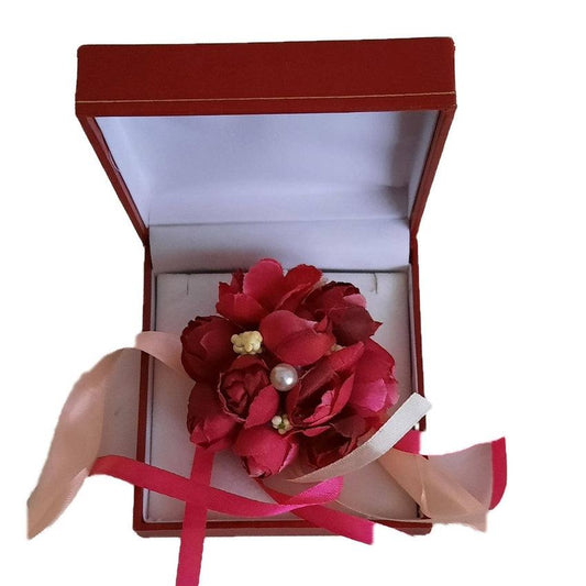 Dark Pink Flower Bud Wrist Corsage With Pearl And Ribbon Detail