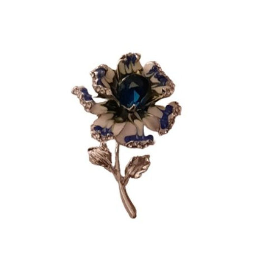 Diamante And Enamel Blue Flower Brooch