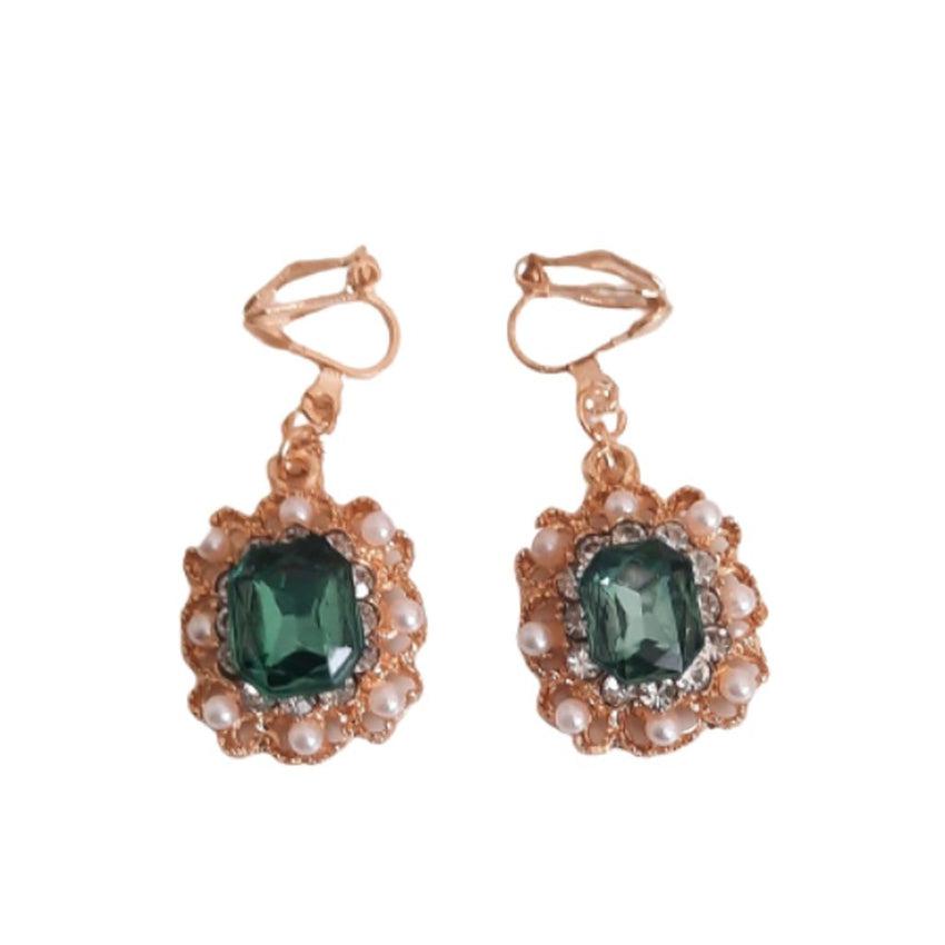 Diamante And Pearl Green Clip On Earrings