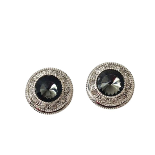 Diamante Black Button Clip On Earrings
