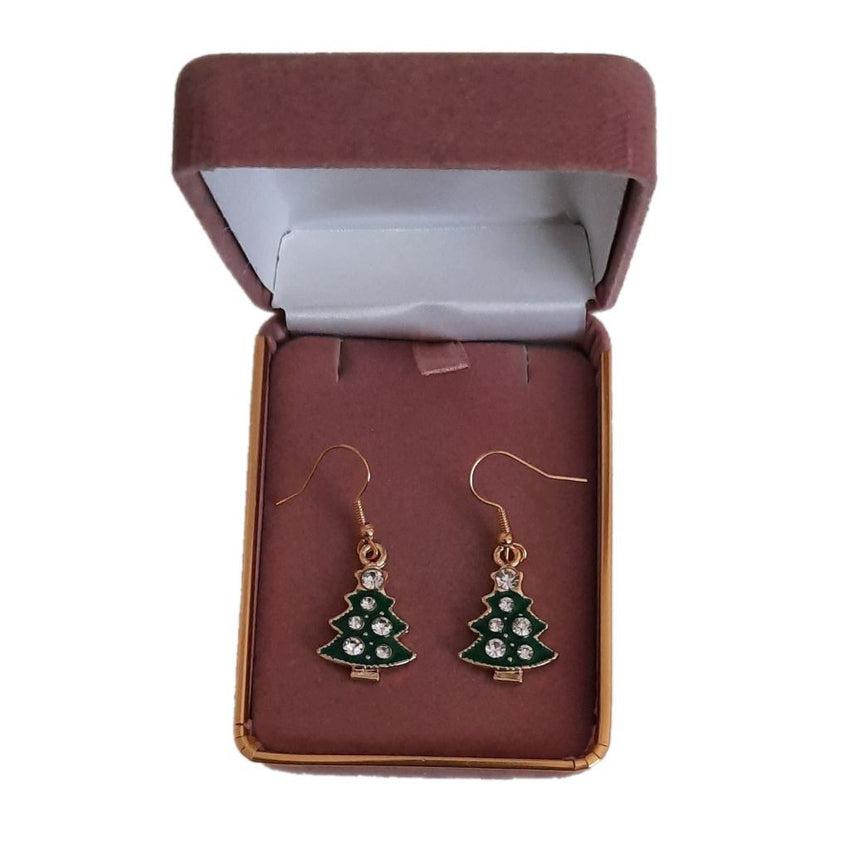Diamante Green Christmas Tree Hook Earrings