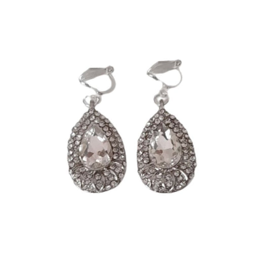 Diamante Inset Silver Drop Clip On Earrings