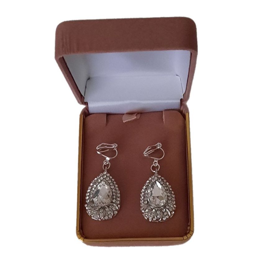 Diamante Inset Silver Drop Clip On Earrings(2)