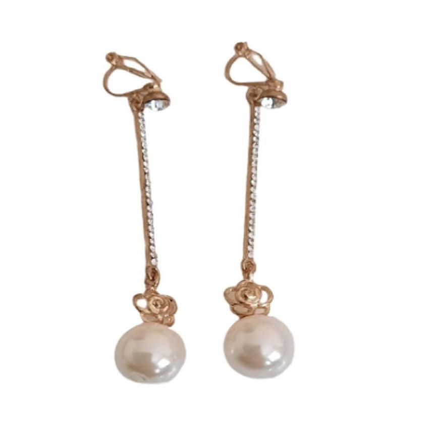 Diamante Stem Gold Tone Clip On Earrings With A Pearl Drop