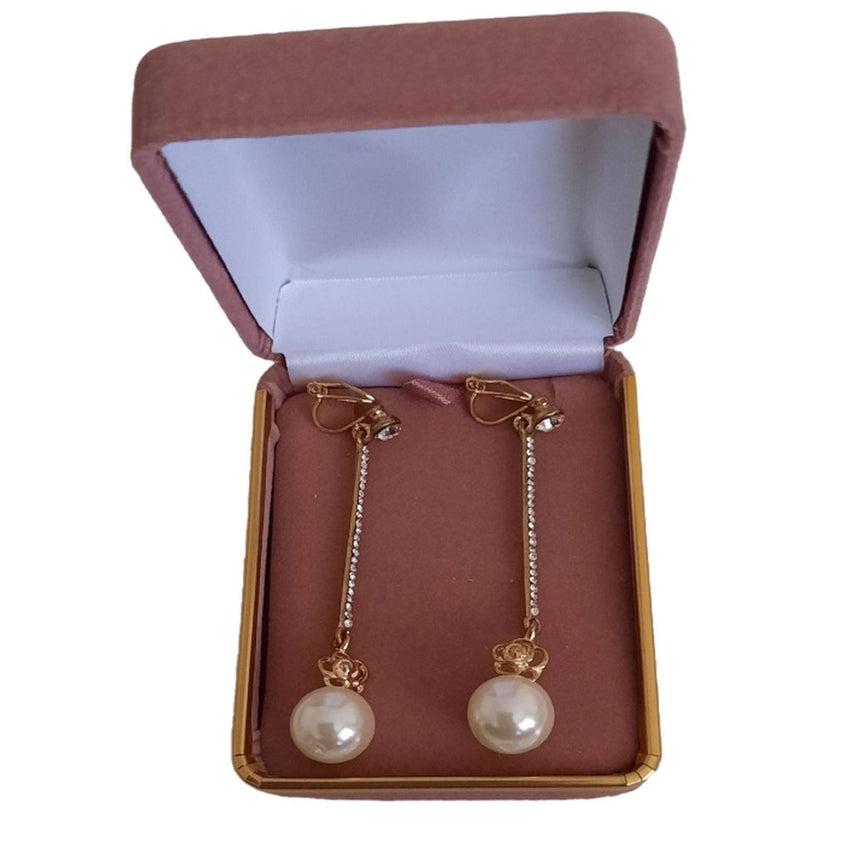 Diamante Stem Gold Tone Clip On Earrings With A Pearl Drop