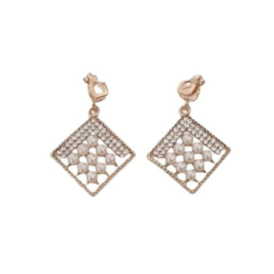 Diamond Shape Pearl Clip On Earrings