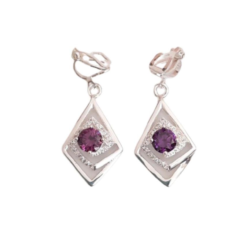 Diamond Shape Purple Clip On Diamante Earrings