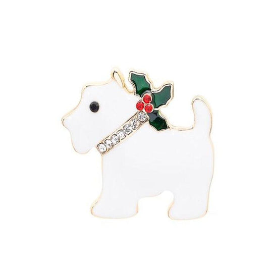 Dog With Holly Christmas Brooch