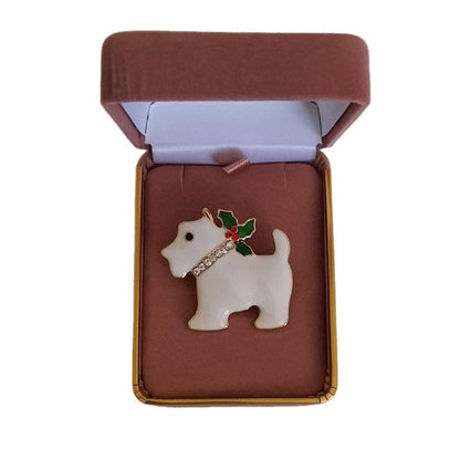 Dog With Holly Christmas Brooch