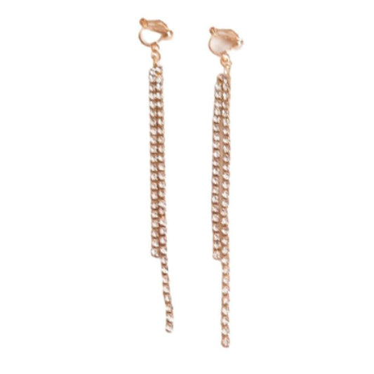 Double Drop Diamante And Gold Clip On Earrings