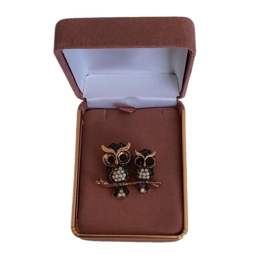 Double Owl On A Branch Brooch