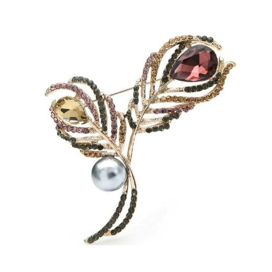 Double Peacock Feather Crystal Brooch