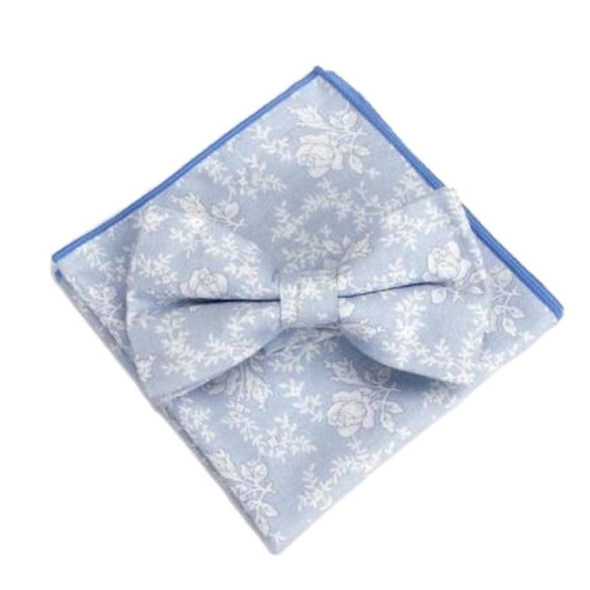 Duck Egg Blue With White Flowers Bow Tie And Hanky Set
