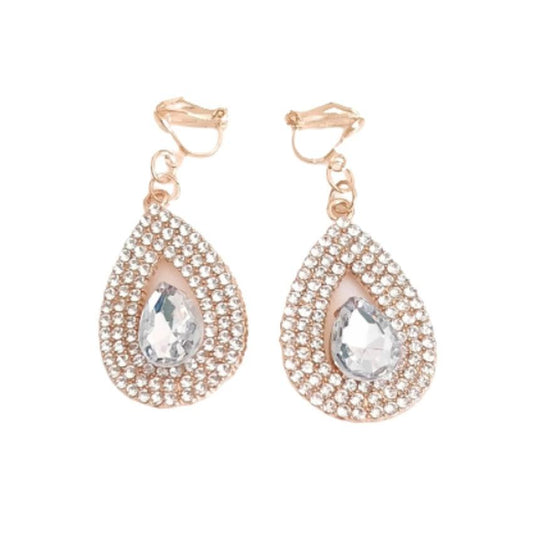 Elegant Gold Crystal Drop Cut Clip On Earrings