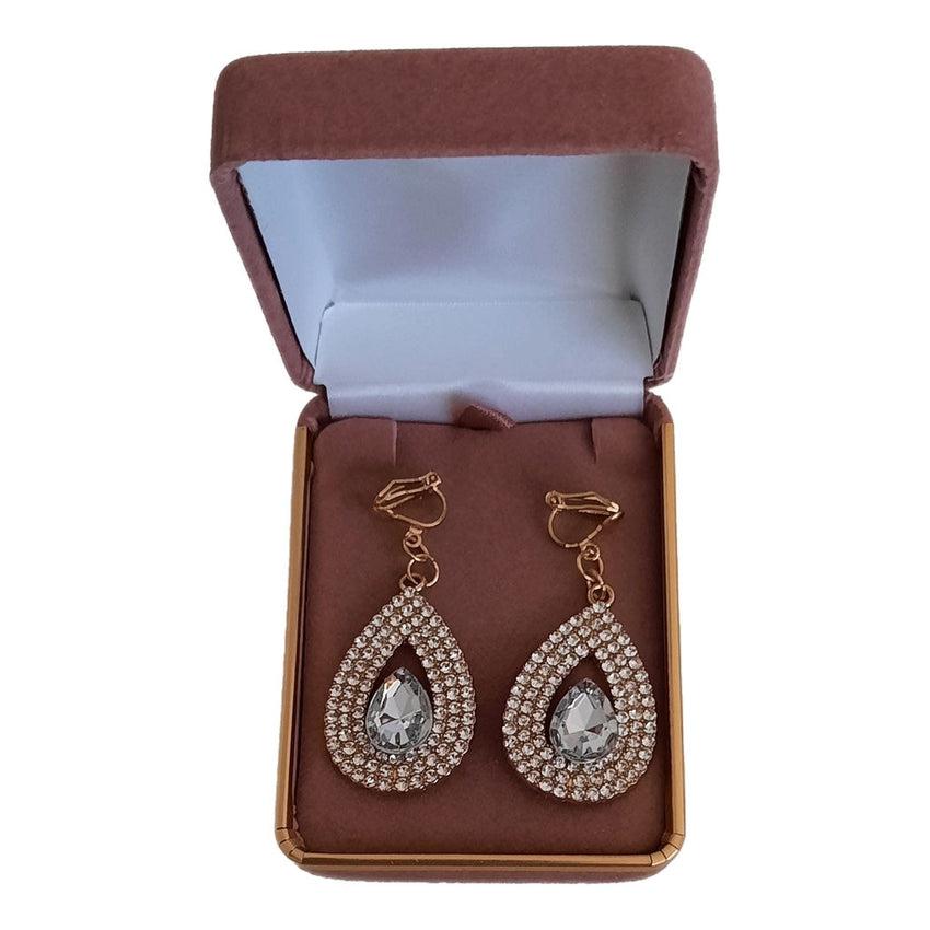 Elegant Gold Crystal Drop Cut Clip On Earrings