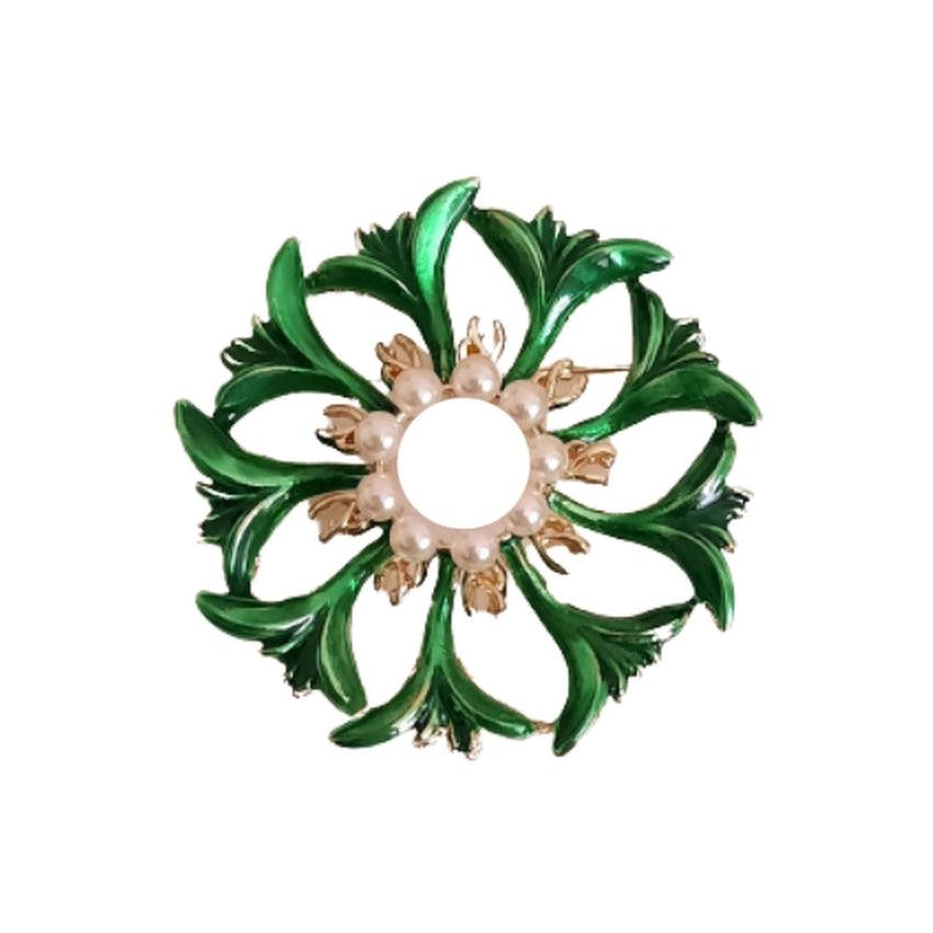 Emerald Green Circle Brooch With A Pearl Centre