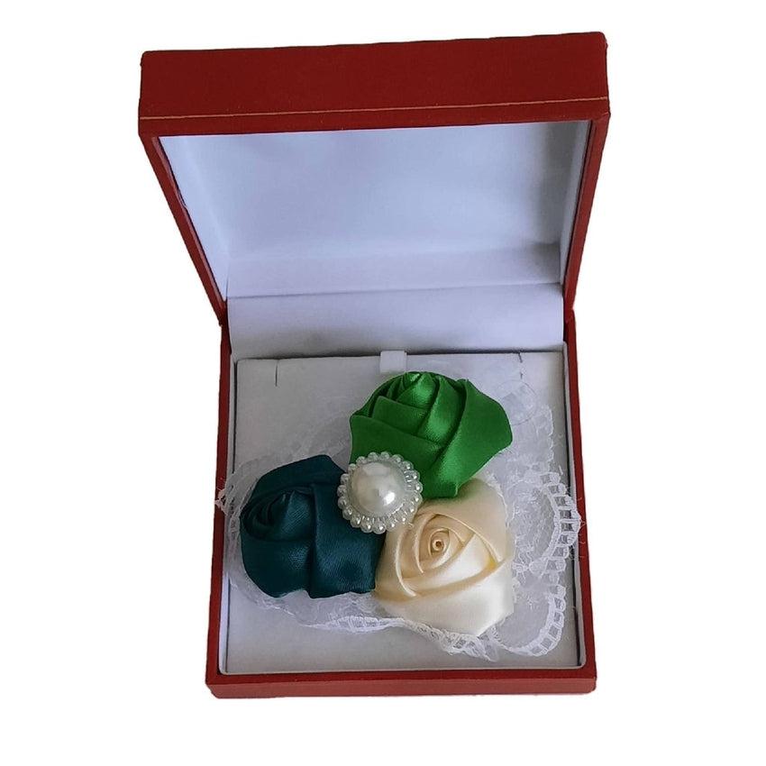 Emerald Green, Light Green And Cream Satin Rosebuds With a Pearl Centre Corsage