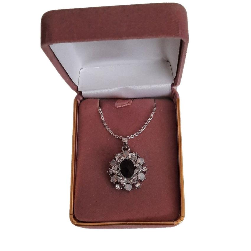 Fancy Black Centre Stone Necklace With CZ Detail Edging