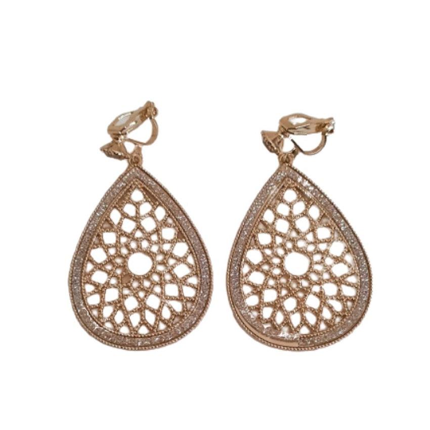 Filigree Drop Diamante And Gold Clip On Earrings