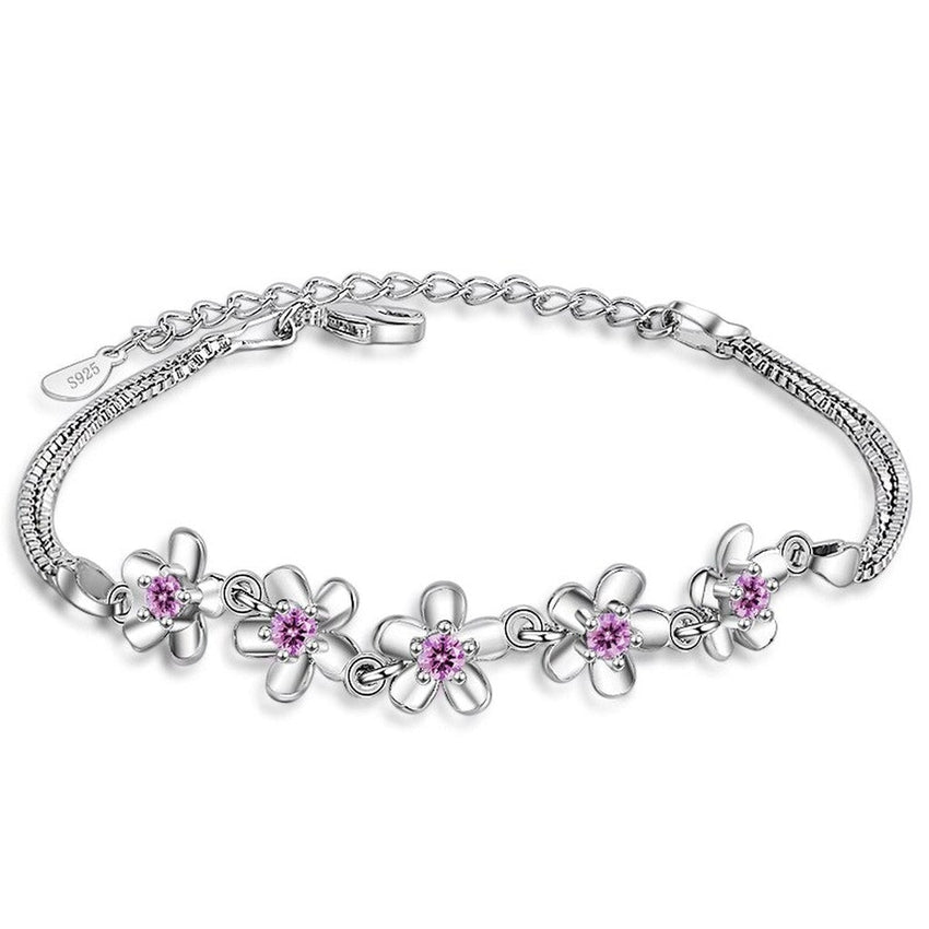 Five Pink And Silver Cubic Zirconia Flowers Adjustable Bracelet
