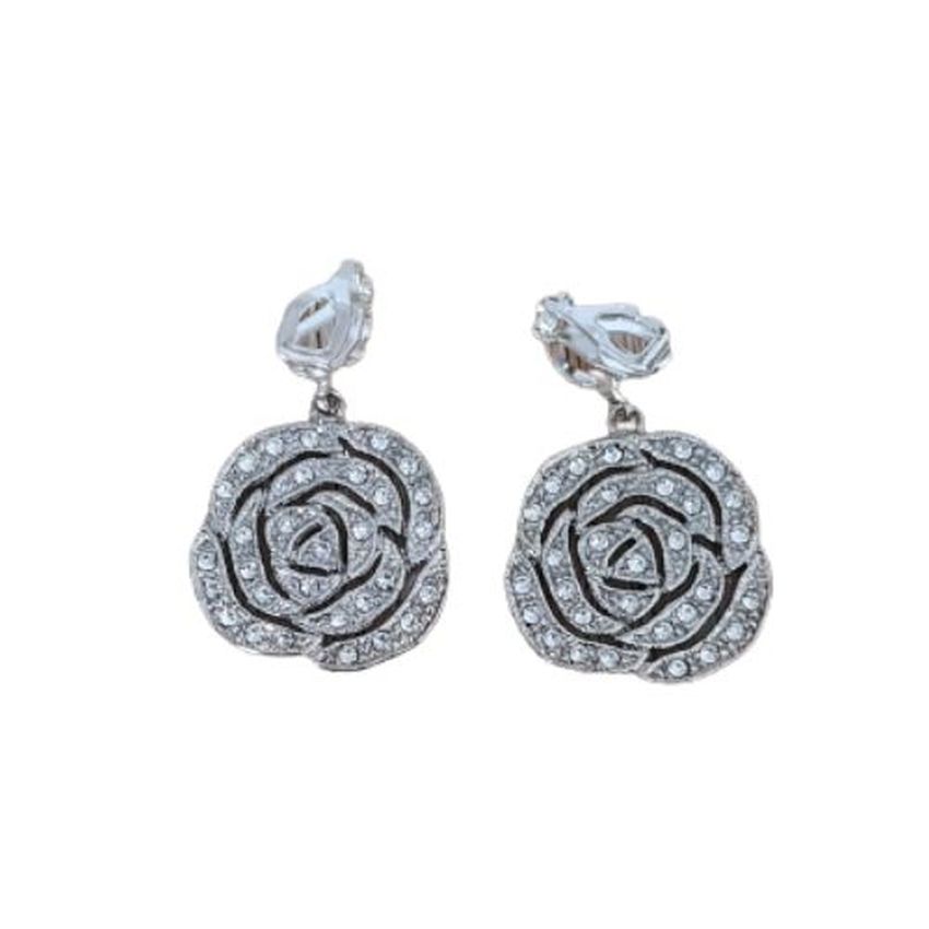 Flat Crystal Rose Clip On Earrings