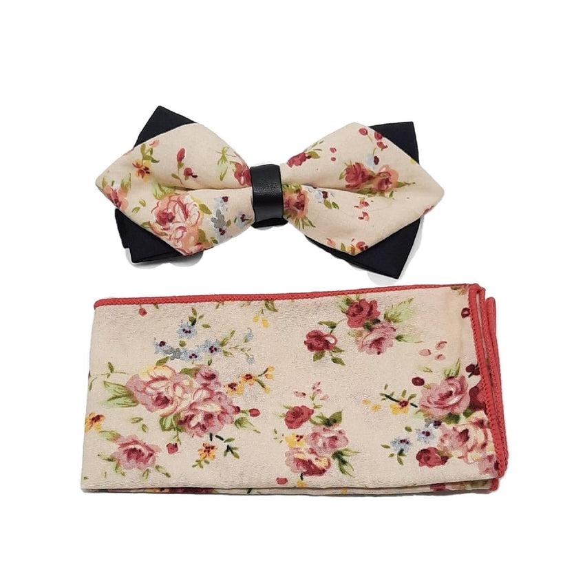 Floral Print Light Cream Black And Rose Coloured Bow Tie Set