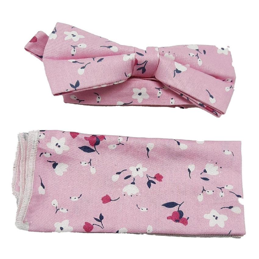 Floral Print Pink And White Bow Tie With Hanky Set
