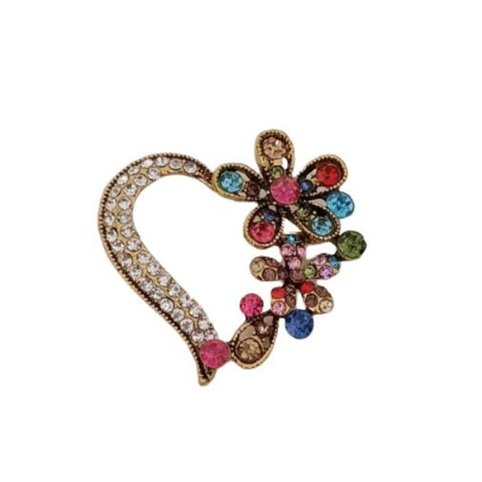 Flower And Heart  Diamante Brooch