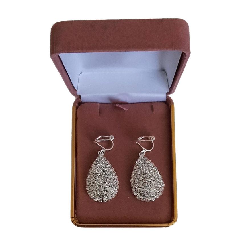 Full Diamante Silver Clip On Earrings
