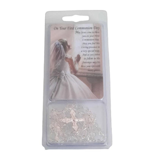 Girls Acrylic Communion Rosary Beads With a Prayer Card