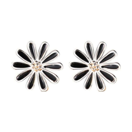Girls Black Enamel Silver Flower Earrings