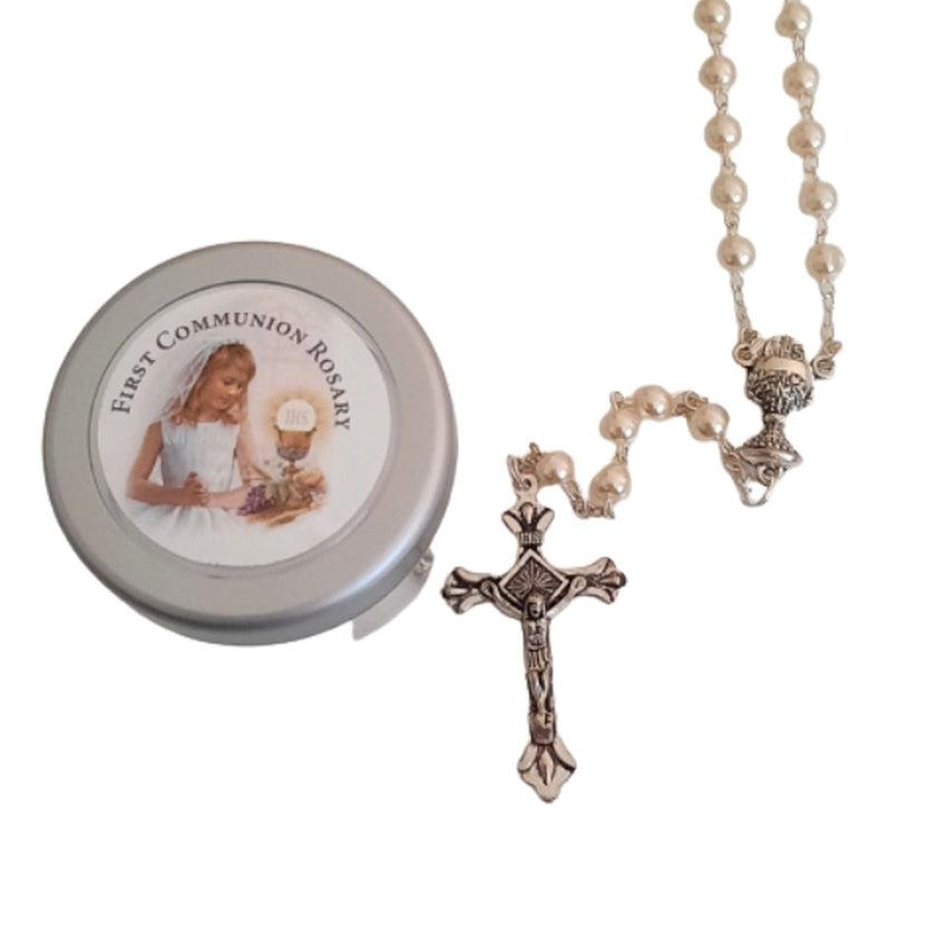 Girls First Communion Rosary Beads in a Gift Tin