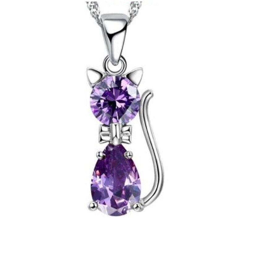 Girls Purple Cubic Zirconia Stone Full Body Sitting Cat Pendant
