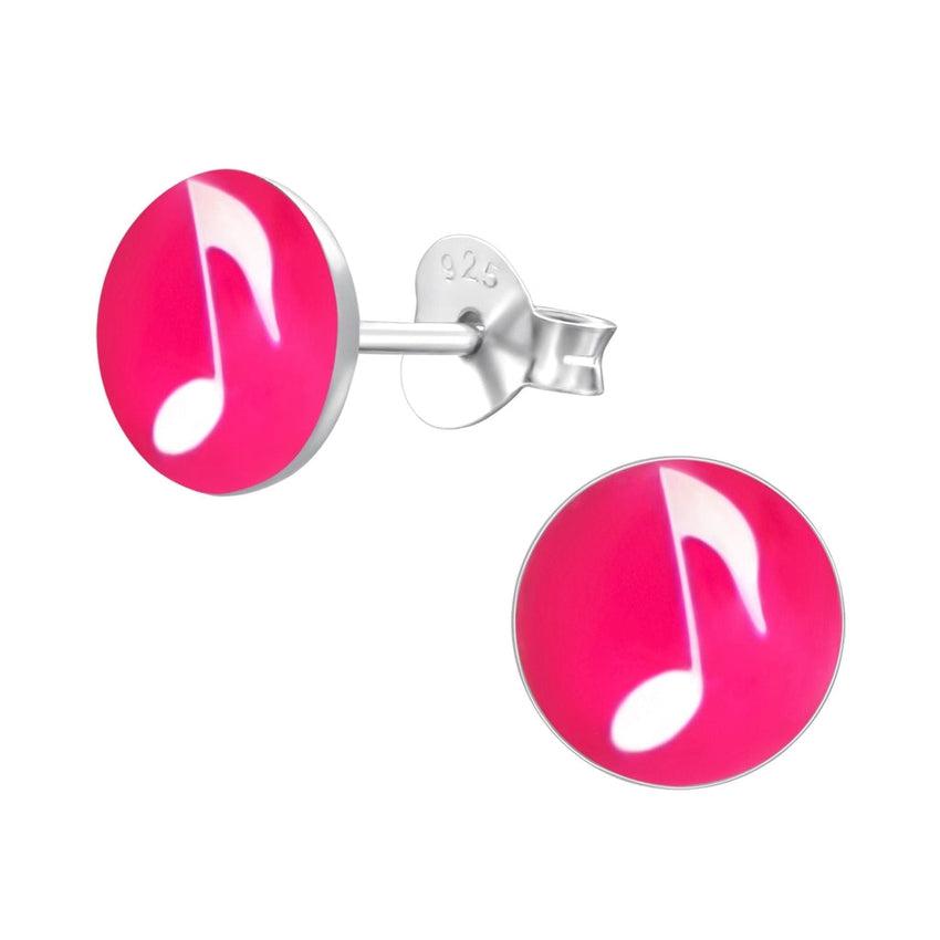 Girls Small Sterling Silver Pink Music Note Earrings