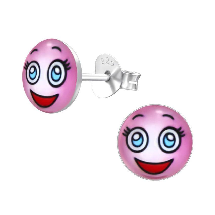 Girls Sterling Silver Pink Smiley Emoji Earrings