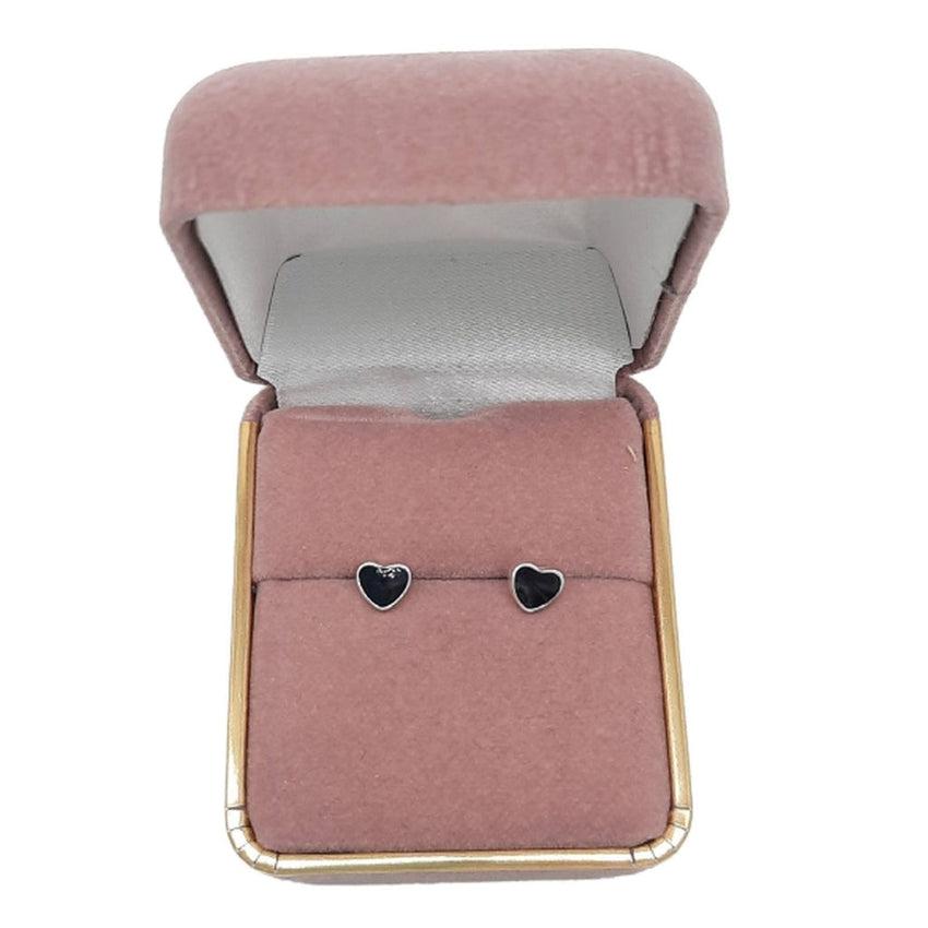 Girls Tiny Black Heart Silver Earrings