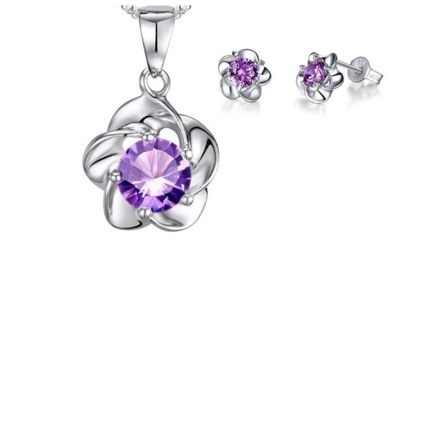 Girls Purple Stone Cubic Zirconia Silver Flower Jewellery Set