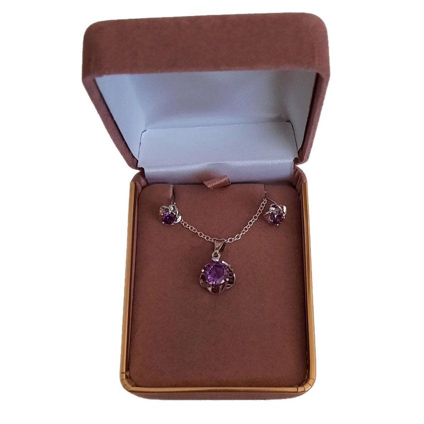 Girls Purple Stone Cubic Zirconia Silver Flower Jewellery Set