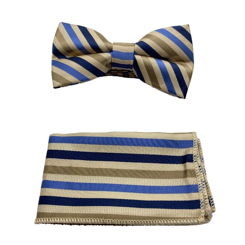 Gold And Blue Striped Design Adjustable Bow Tie Set