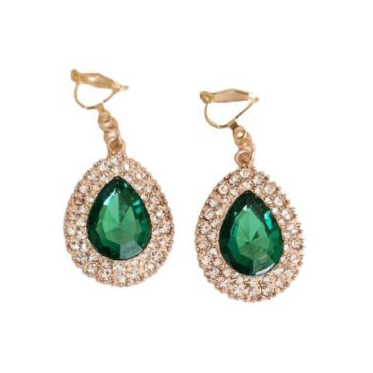 Gold And Green Crystal Drop Clip On Earrings