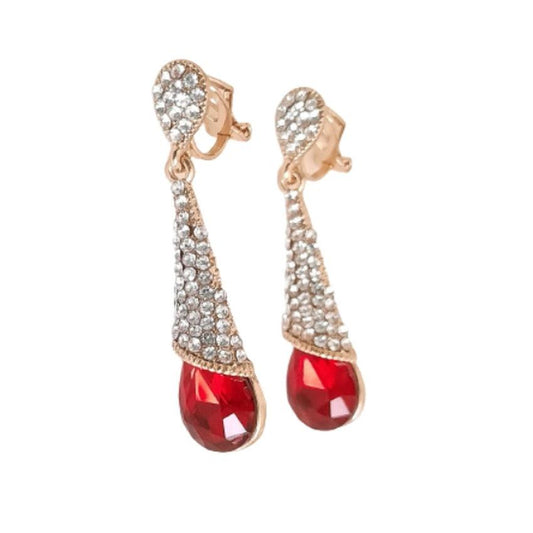 Gold And Red Crystal Drop Clip On Earrings